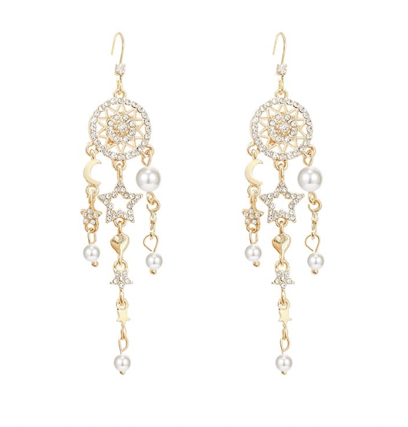 Elegant long earrings with star and moon design