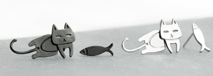 Cat and Fish Stud Earrings - Silver