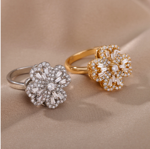 Spinner Zircon Heart Four Leaf Clover Ring 4