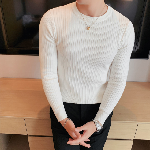 Men's early autumn thin round neck elastic slim fit sweater image