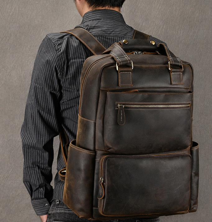 Men's Retro Crazy Horse Leather Backpack Image 11