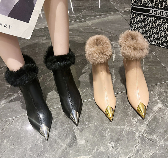 Cowhide Rabbit Fur Skinny Boots 6