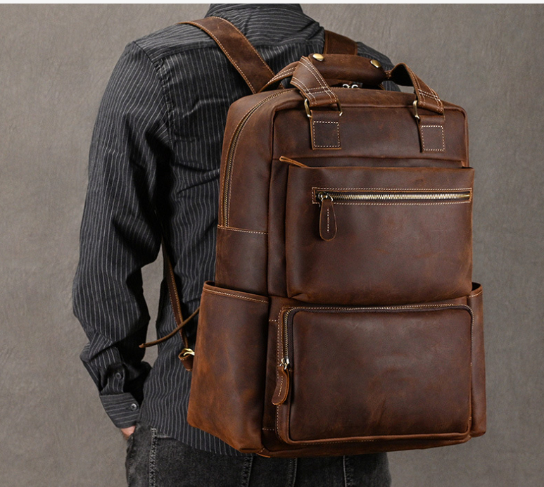 Men's Retro Crazy Horse Leather Backpack Image 9