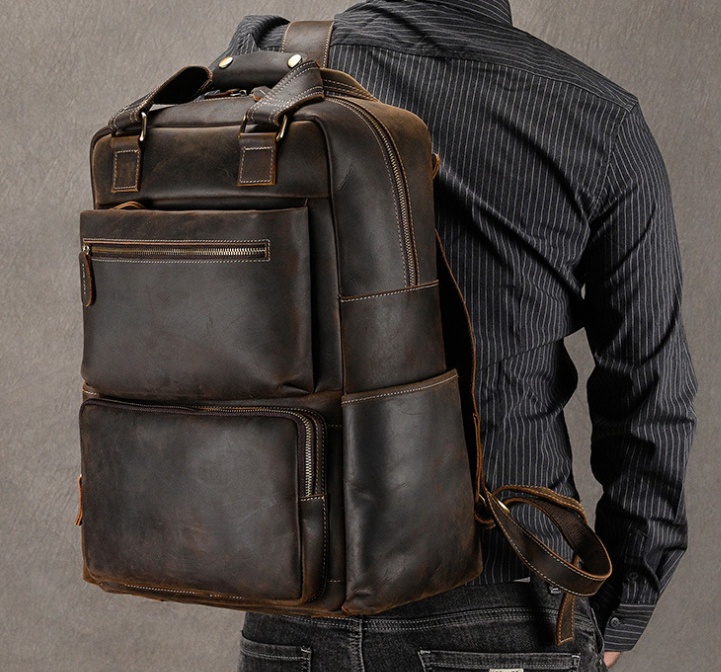 Men's Retro Crazy Horse Leather Backpack Image 10