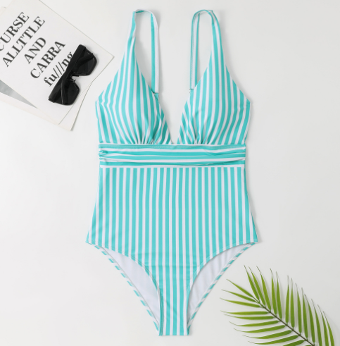 One-piece swimsuit V-neck halter swimsuit sweet striped bikini swimsuit image