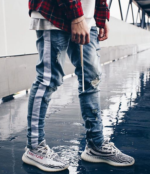 White Bar Ripped Zipper Stretch Skinny Jeans 5