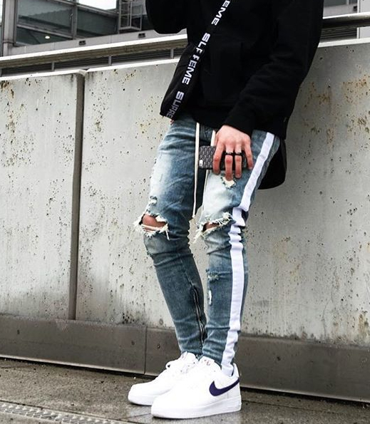 White Bar Ripped Zipper Stretch Skinny Jeans 4