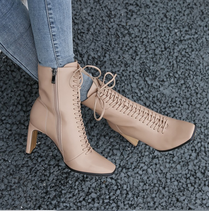 Fashion Leather Front Lace-up Thick Heel Women's Boots