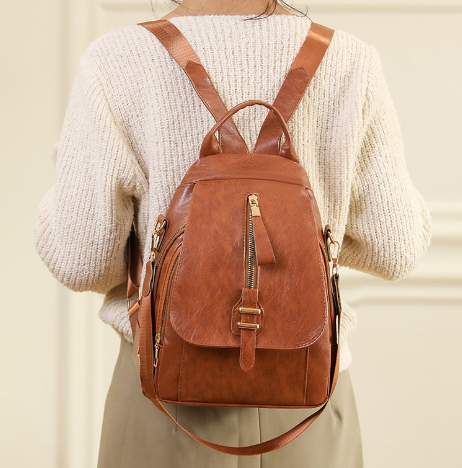 Anti Theft Leather Travel Women's Multi-layer Backpack Image 3