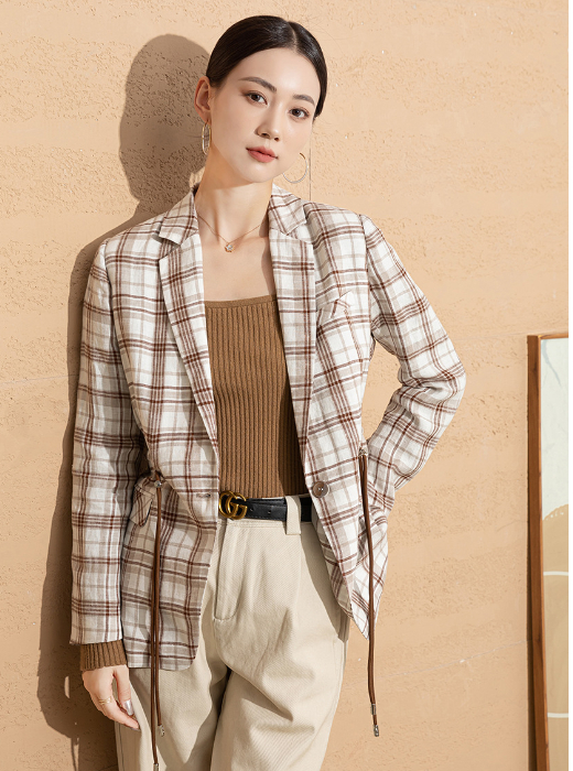 Ladies British Style Long Check Woolen Coat Details