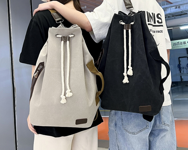 Korean Men's Canvas Bucket Bag - Khaki