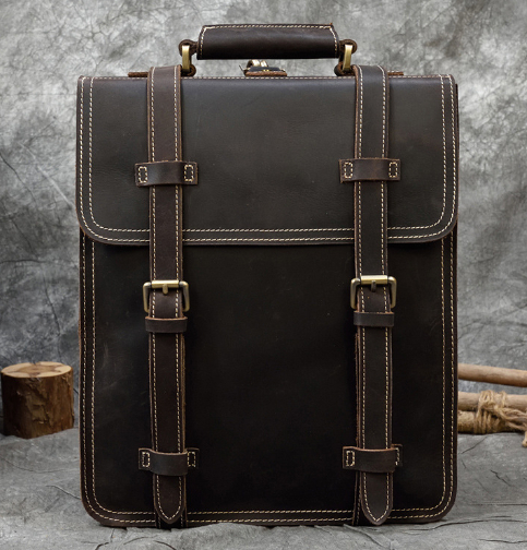 Men's Fashion Vintage Crazy Horse Leather Backpack Image 2