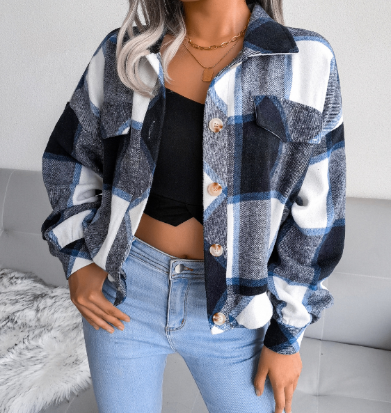Autumn and winter plaid lantern long sleeve woolen coat jacket image