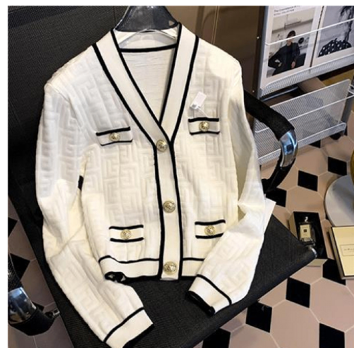 Spring Autumn 2024 V-Neck Knitting Cardigan Coat Button Jacquard Sweater Women's New Fashion Black White Knitwear Tops Jacket image