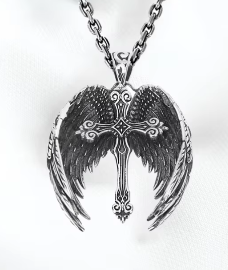 Vintage Angel Wings Cross Necklace For Women Men Trend Punk Feather Guard Pendant Sweater Chain 2024 New Jewelry Wholesale image