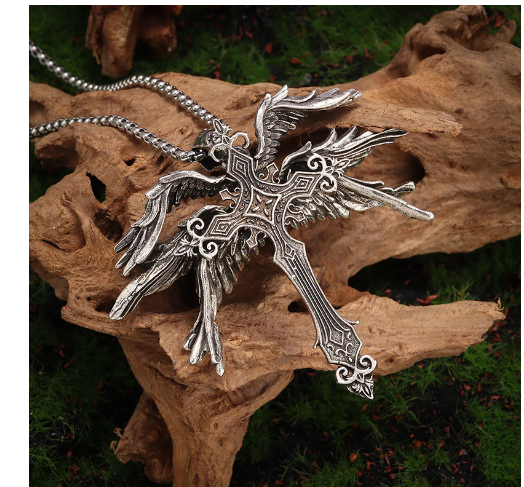 Classic Retro Angel Wings Cross Pendant Necklace Image 4