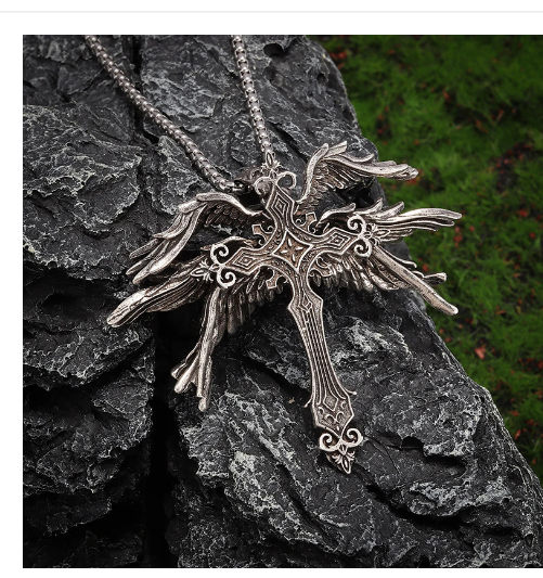 Classic Retro Angel Wings Cross Pendant Necklace Men Women Fashion Punk Adventure Travel Lucky Amulet Accessories Gift image