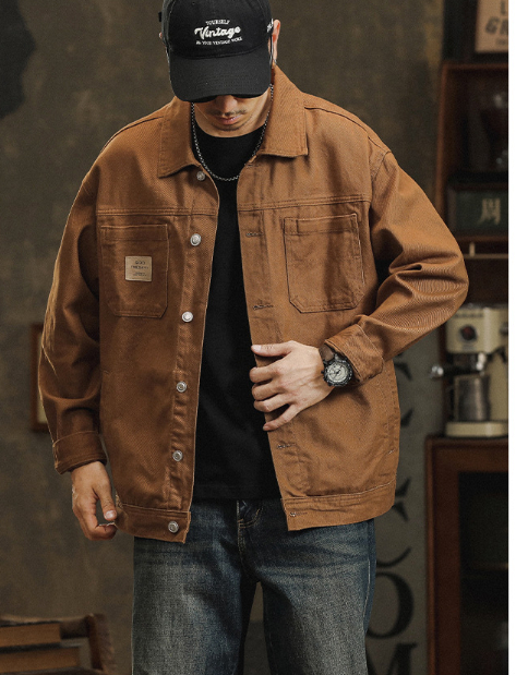 Men's cotton lapel Coat Vintage Style Stylish Cargo Jacket Upscale casual Denim jacket Spring 2025