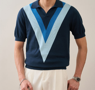 Camisa polo de patchwork a rayas a la moda 4