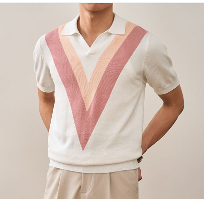Camisa polo de patchwork a rayas a la moda 3