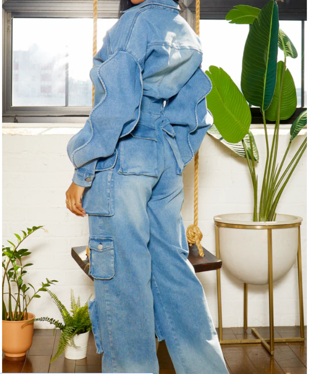 Women's suit drape straight pants jumpsuit design lotus leaf stitching slim pants