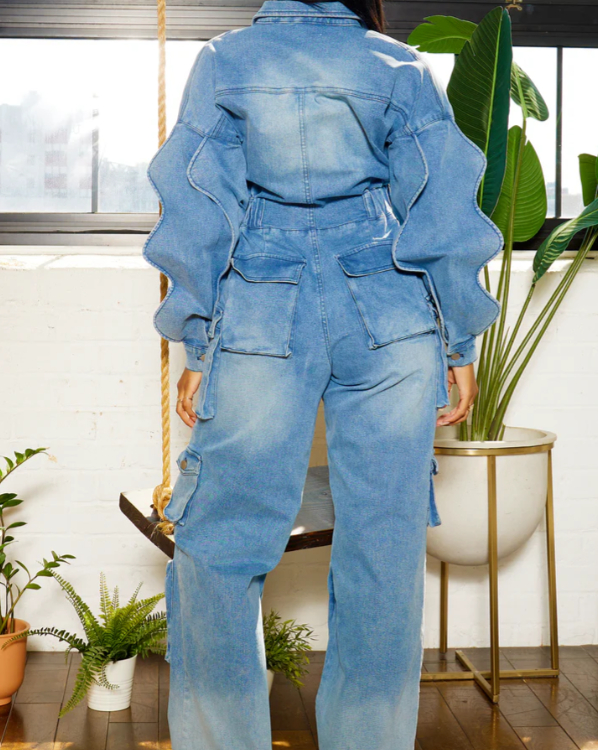 Women's suit drape straight pants jumpsuit design lotus leaf stitching slim pants