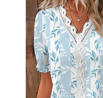 Summer V-neck lace patchwork printed shirt for women