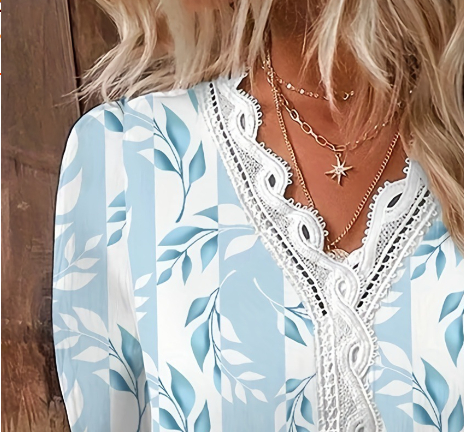 Summer V-neck lace patchwork printed shirt for women
