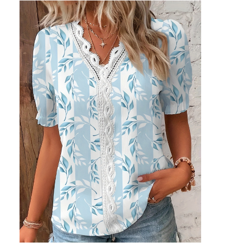 Summer V-neck lace patchwork printed shirt for women