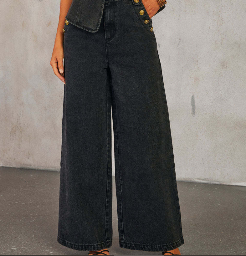 Fashionable Temperament New Style Button Sleeveless Vest Wide Leg Jeans Denim Suit