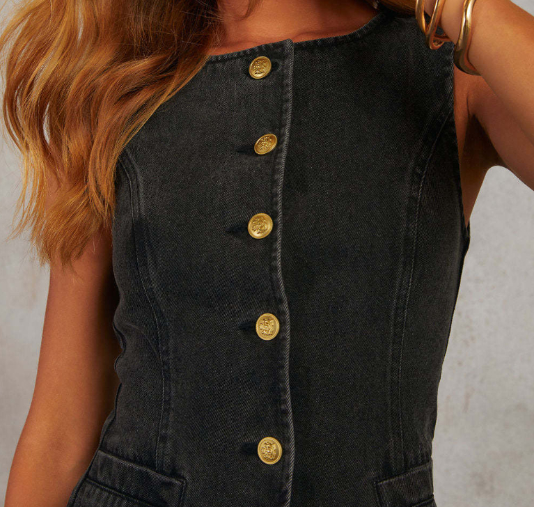 Fashionable Temperament New Style Button Sleeveless Vest Wide Leg Jeans Denim Suit