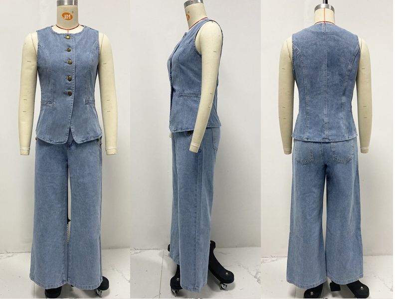 Fashionable Temperament New Style Button Sleeveless Vest Wide Leg Jeans Denim Suit