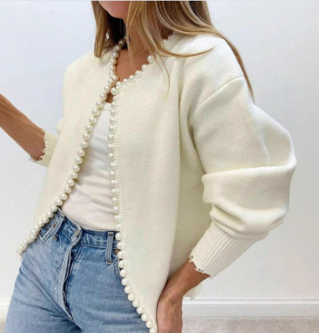 Spring round neck pearl trimmed knitted sweater short long sleeved heavy industry cardigan sweater fashionable jacket image