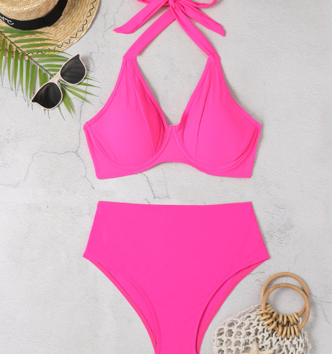 Fashionable and sexy big chest gathered spicy girl bikini two-piece set solid color minimalist style swimsuit