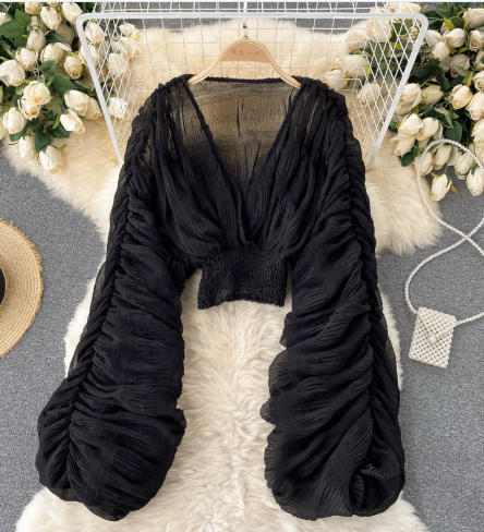 Top women's design sense niche pleated bubble sleeves slim fit short fashion blogger versatile chiffon shirt image