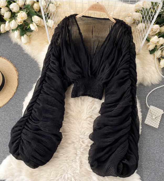 Top women's design sense niche pleated bubble sleeves slim fit short fashion blogger versatile chiffon shirt