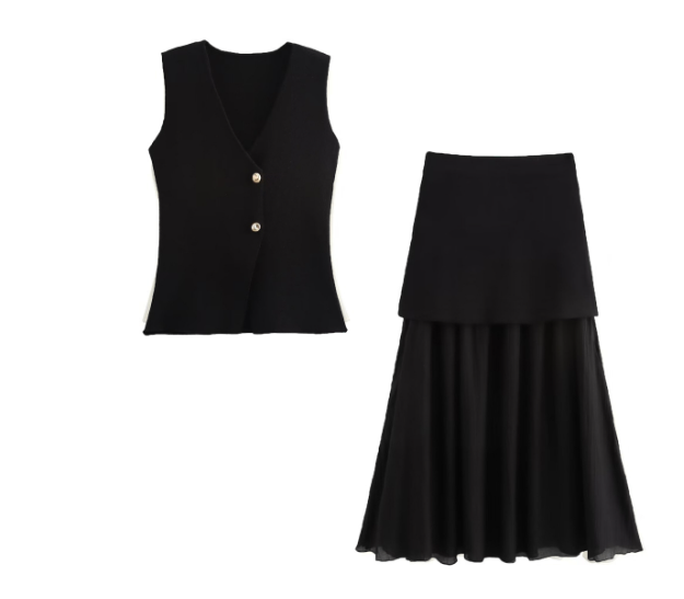 Golden button knitted vest+pleated skirt set image