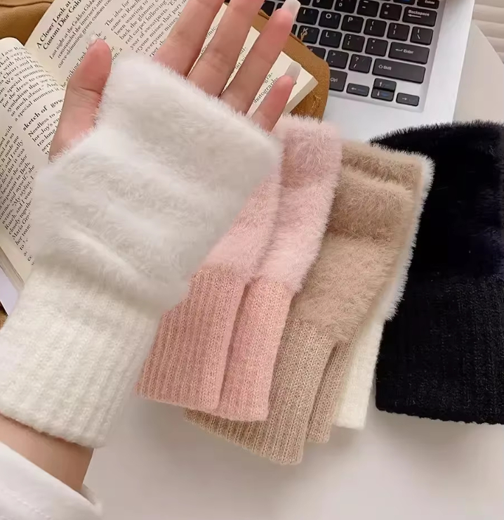 Soft Winter Half Finger Gloves Women Warm