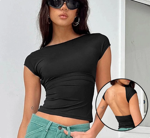 Sexy half-high collar hollowed-out backless navel-exposed breathable slim-fit bottoming women's T-shirt image