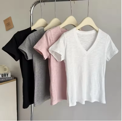Cotton solid color simple short sleeve top image