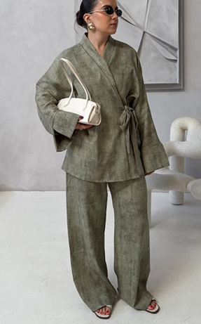 Women's Vintage Jacket, V-neck and lace trouser suit, oversized long sleeve jackets, high waist wide leg trousers, 2-piece set for women image