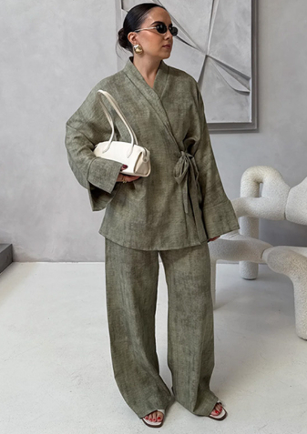 Women's Vintage Jacket, V-neck and lace trouser suit, oversized long sleeve jackets, high waist wide leg trousers, 2-piece set for women