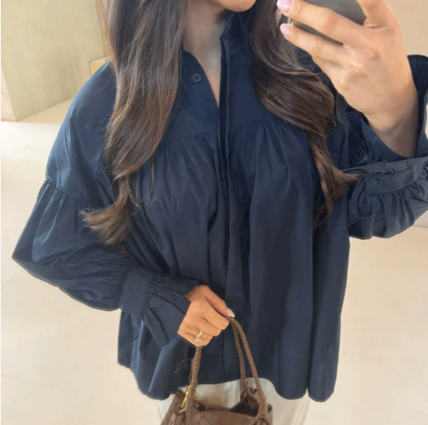 Fashion poplin two-tone dropped shoulder lantern long sleeve loose single-breasted shirt image