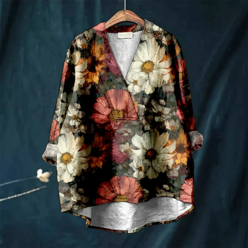 Christmas Print Loose Casual Collar Plus Size Women's Shirt image