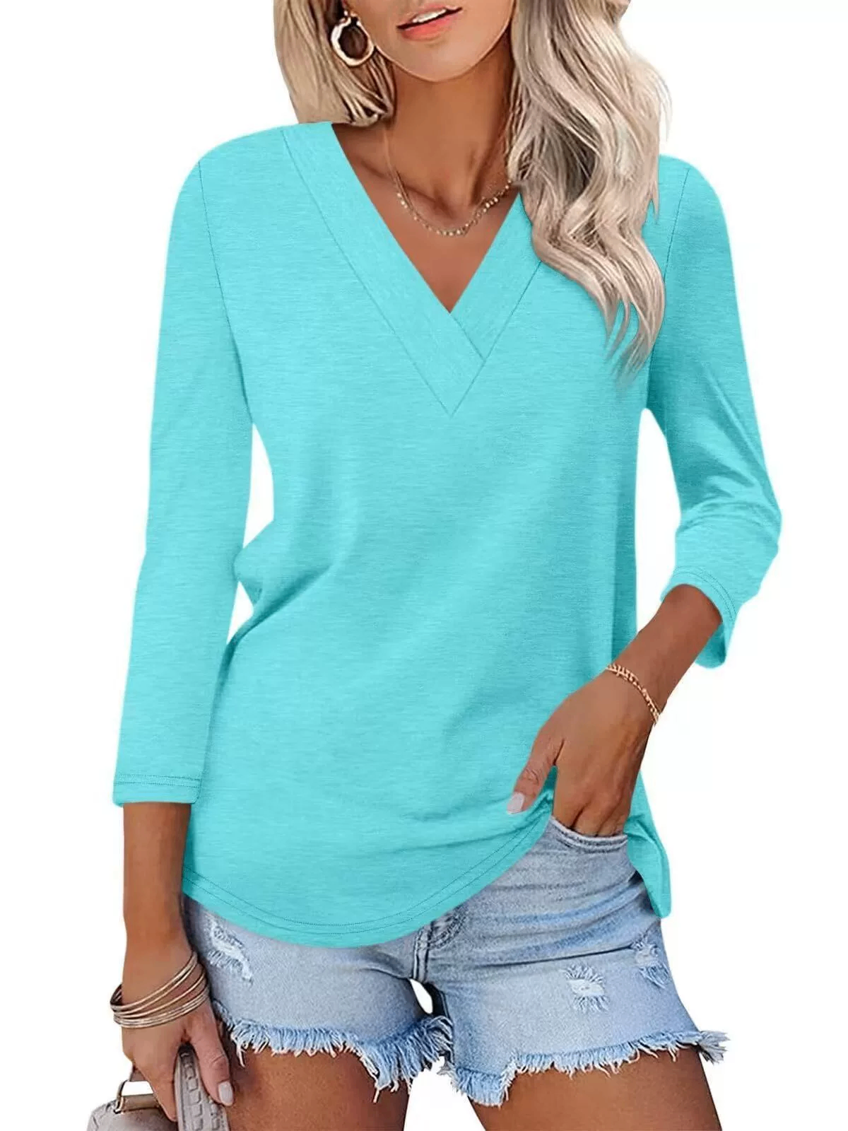 Women's V-neck solid color fashionable and versatile comfortable long-sleeved T-shirt image
