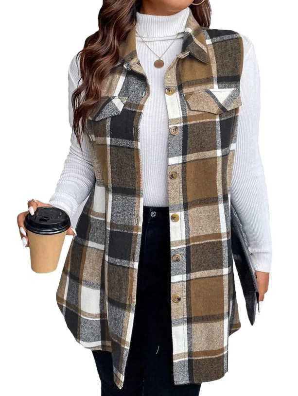 Fashion Plaid Sleeveless Lapel Side Pocket Shirt Vest image