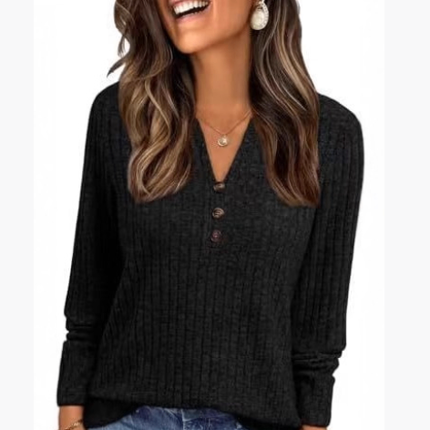 Women's Autumn Winter Casual Long Sleeve Shirt V Neck Top Faux Sweater image