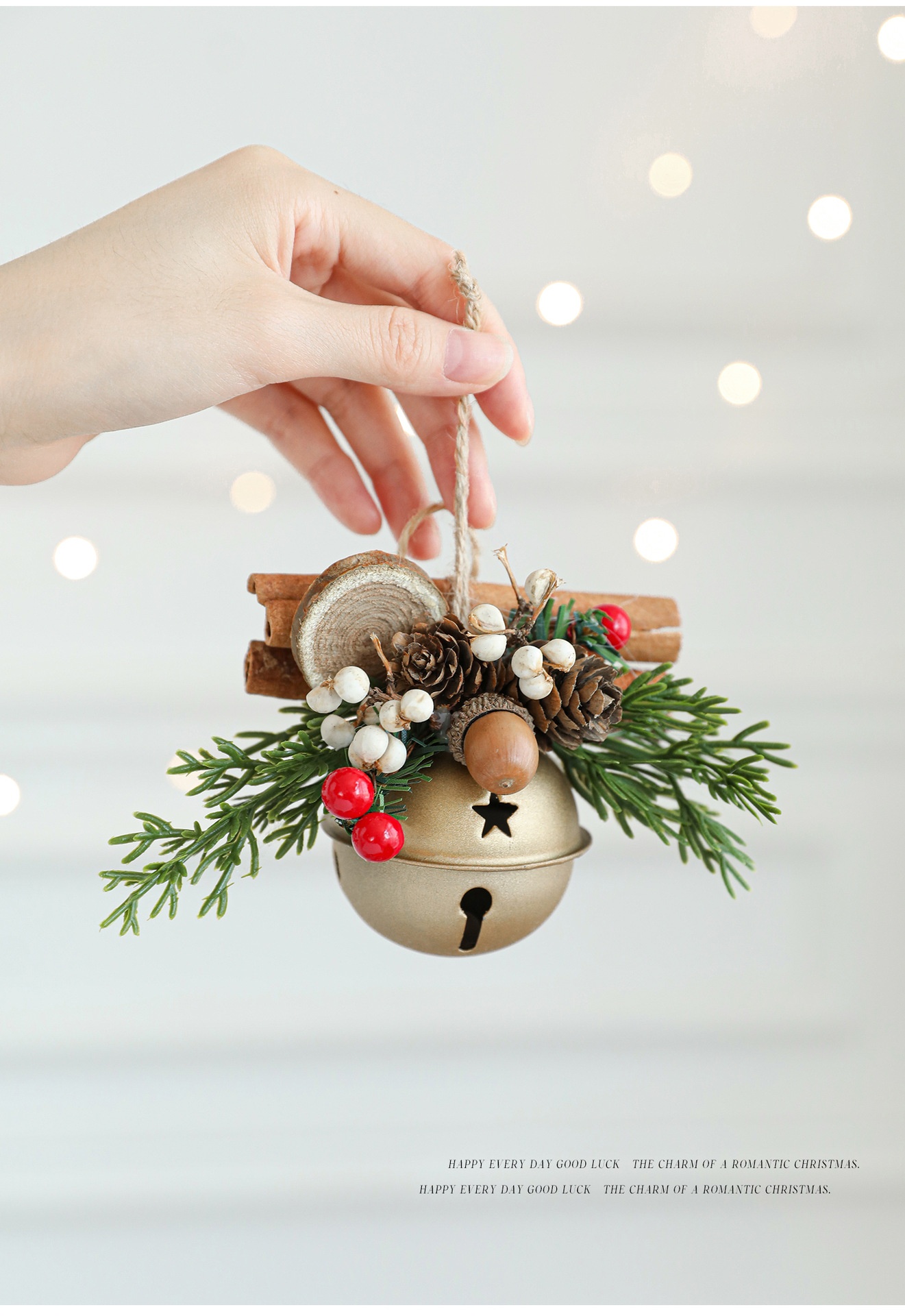 Christmas tree display window decorations and ornaments hanging on the carriages
