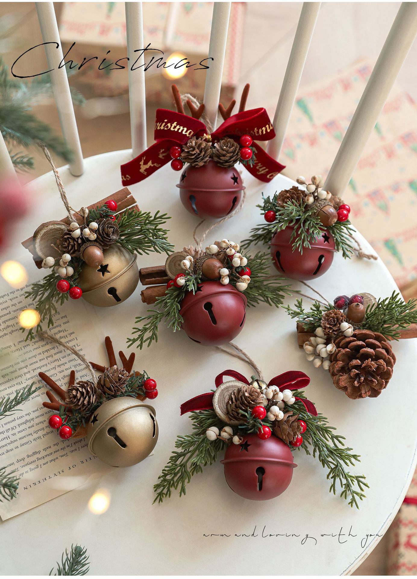 Christmas tree display window decorations and ornaments hanging on the carriages