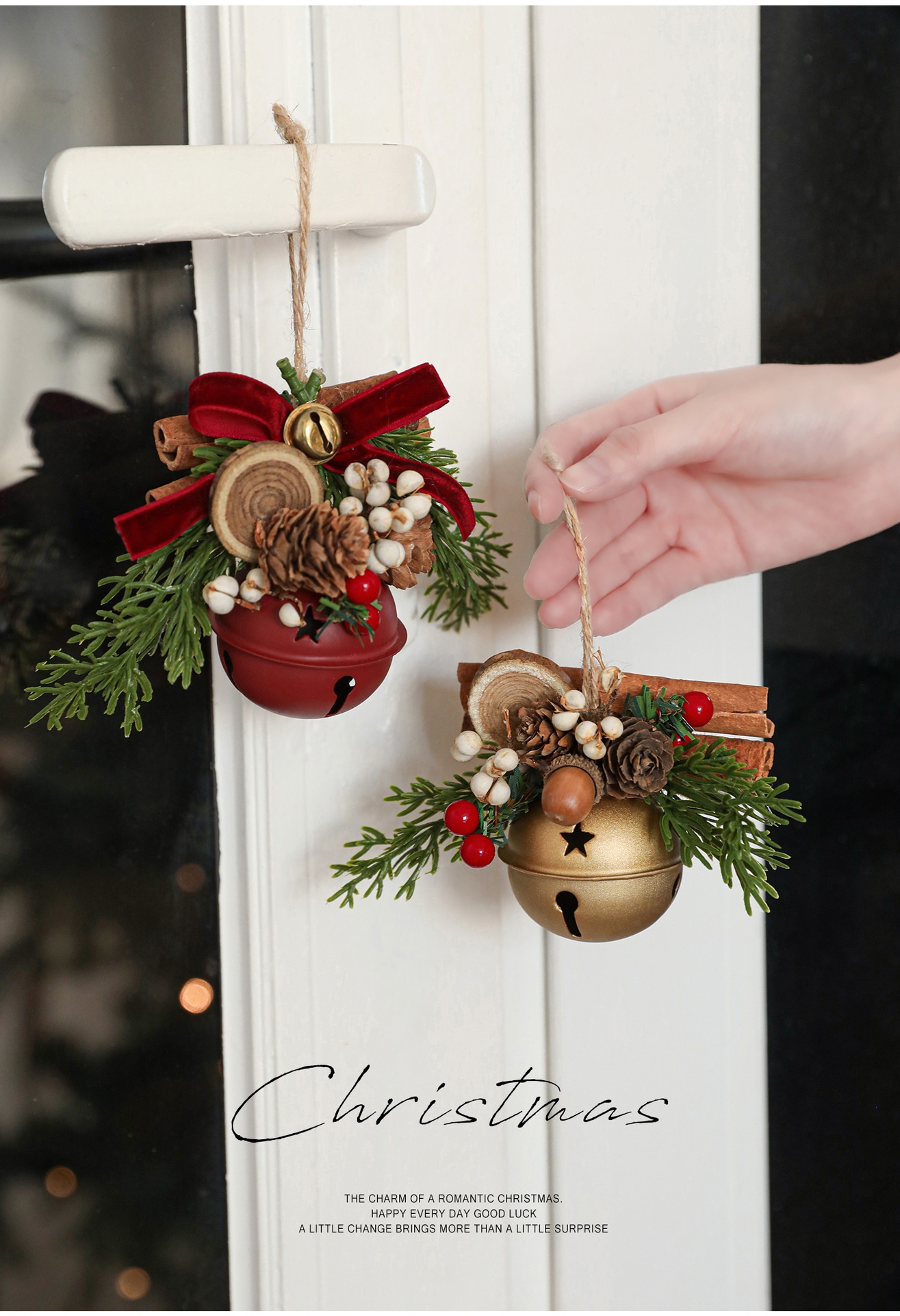 Christmas tree display window decorations and ornaments hanging on the carriages